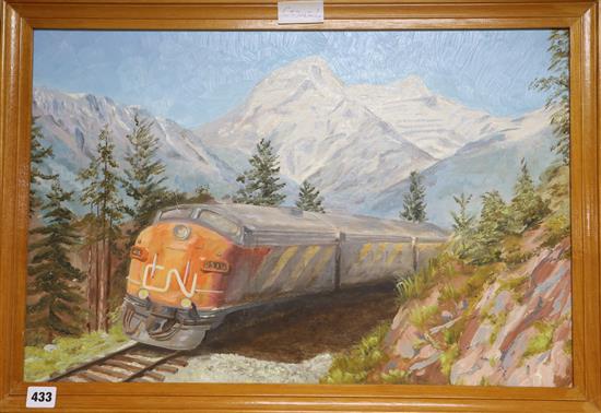 Canadian School, oil on board, Canadian locomotive 39 x 59cm